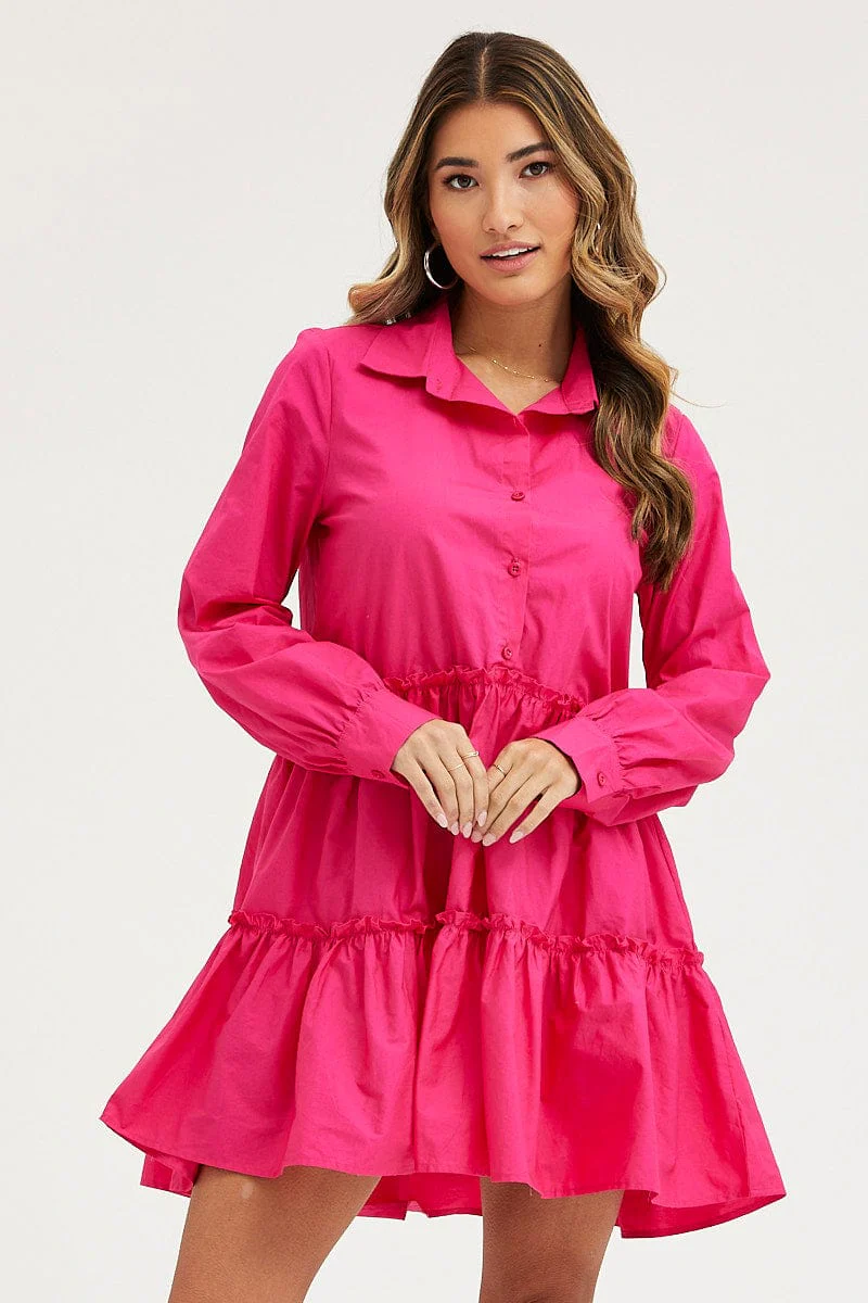 Pink Shirt Dress Long Sleeve Mini - Image 3