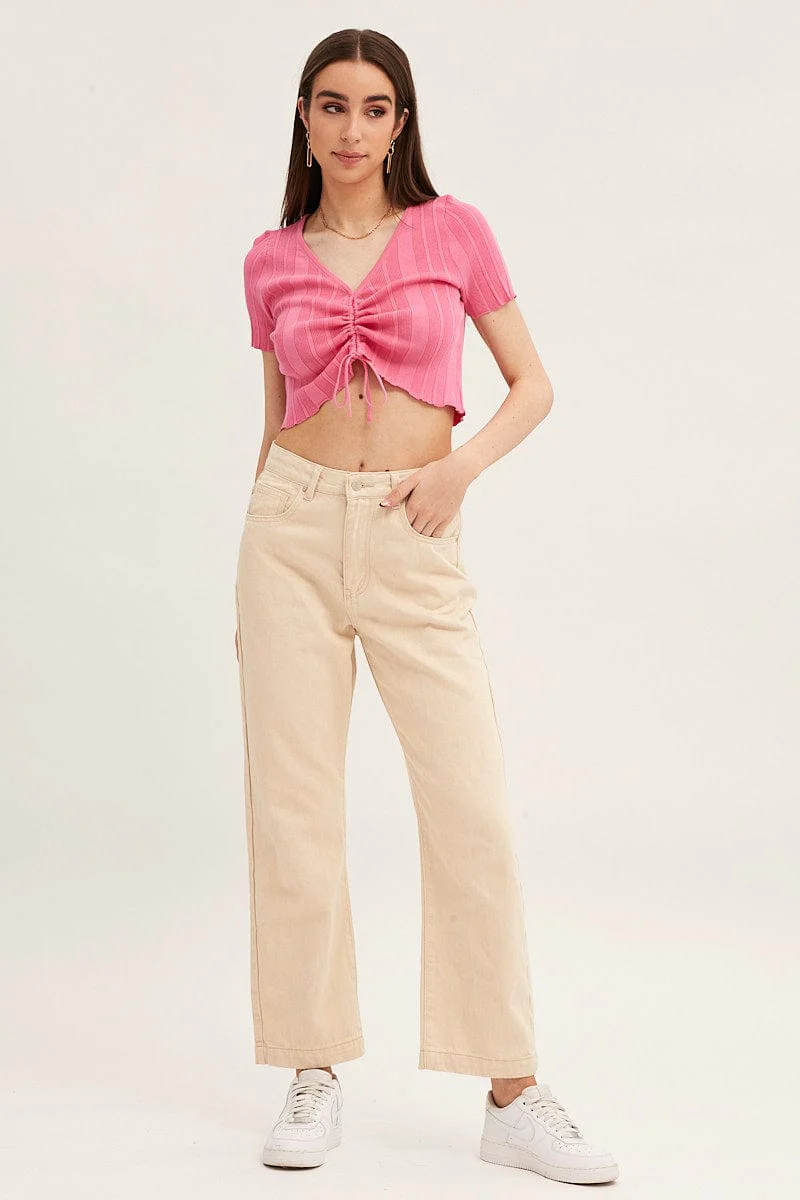 Pink Short Sleeve Ruched Knit Top - Image 2