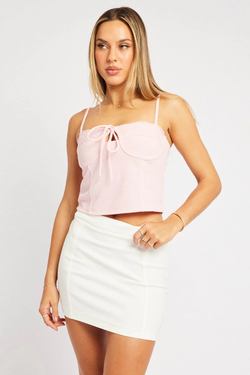Pink Singlet Top Contrast Lace Trim - Image 2