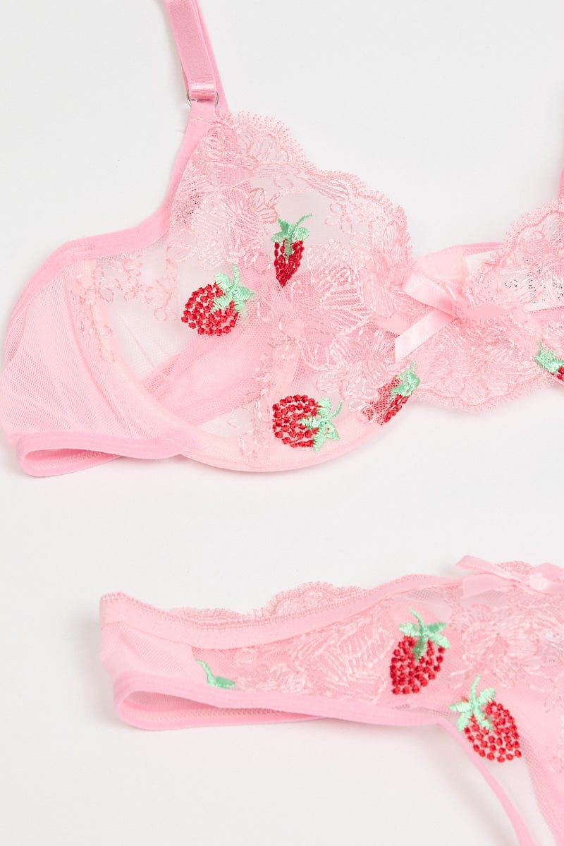 Pink Strawberry Embroidery Lingerie Set - Image 2