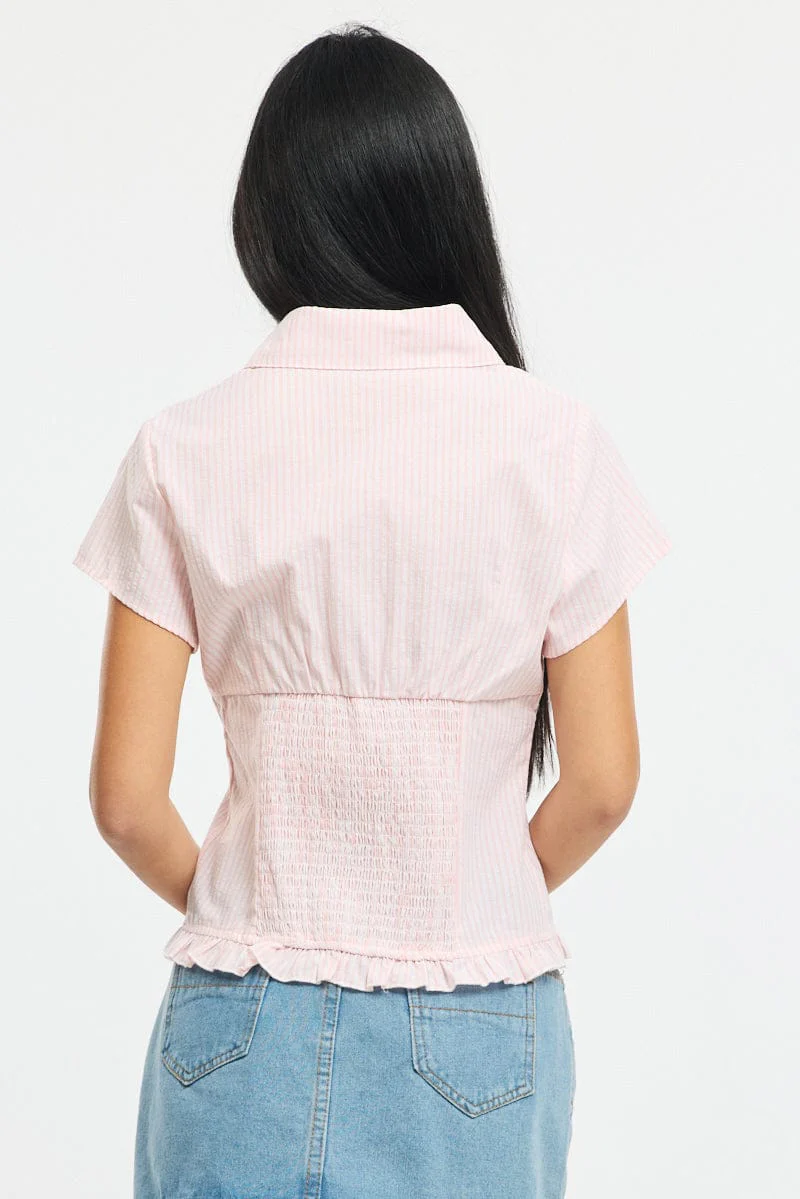 Pink Stripe Button Up Shirt Short Sleeve Collared Ruffled Hem - Image 4
