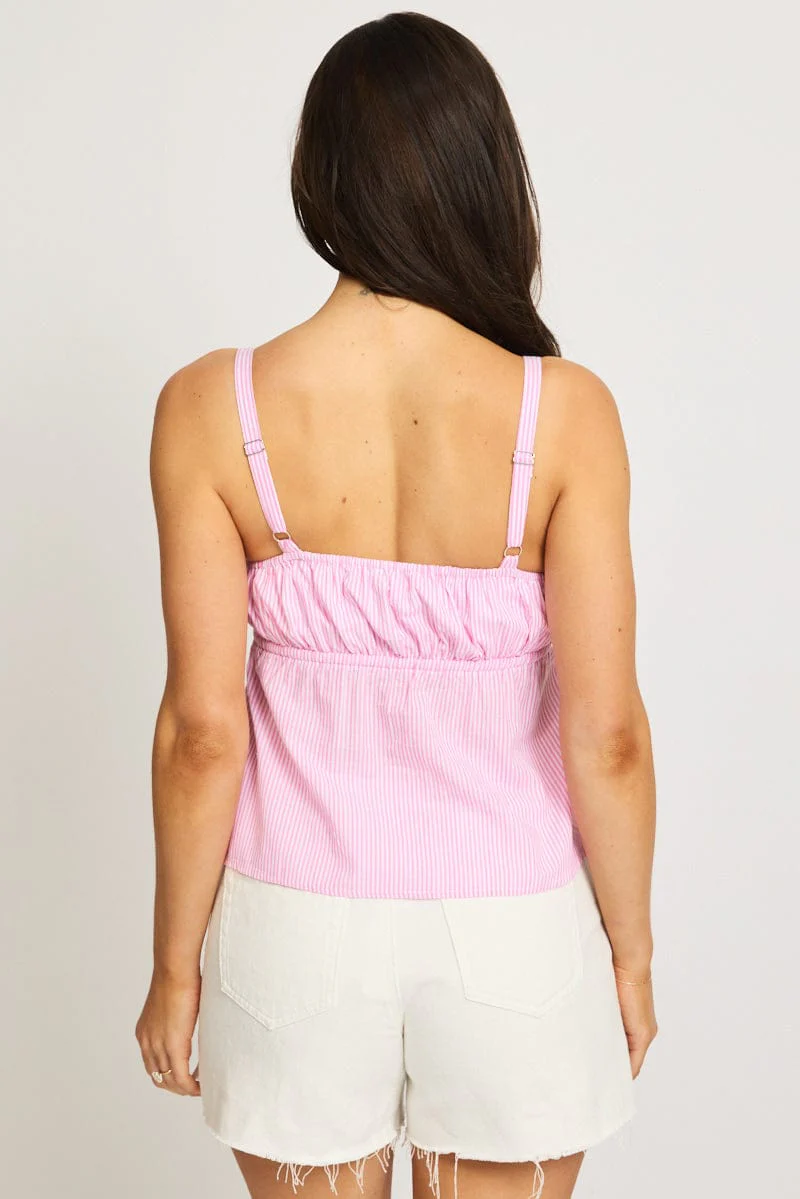 Pink Stripe Cami Top Sleeveless Front Tie Babydoll - Image 4