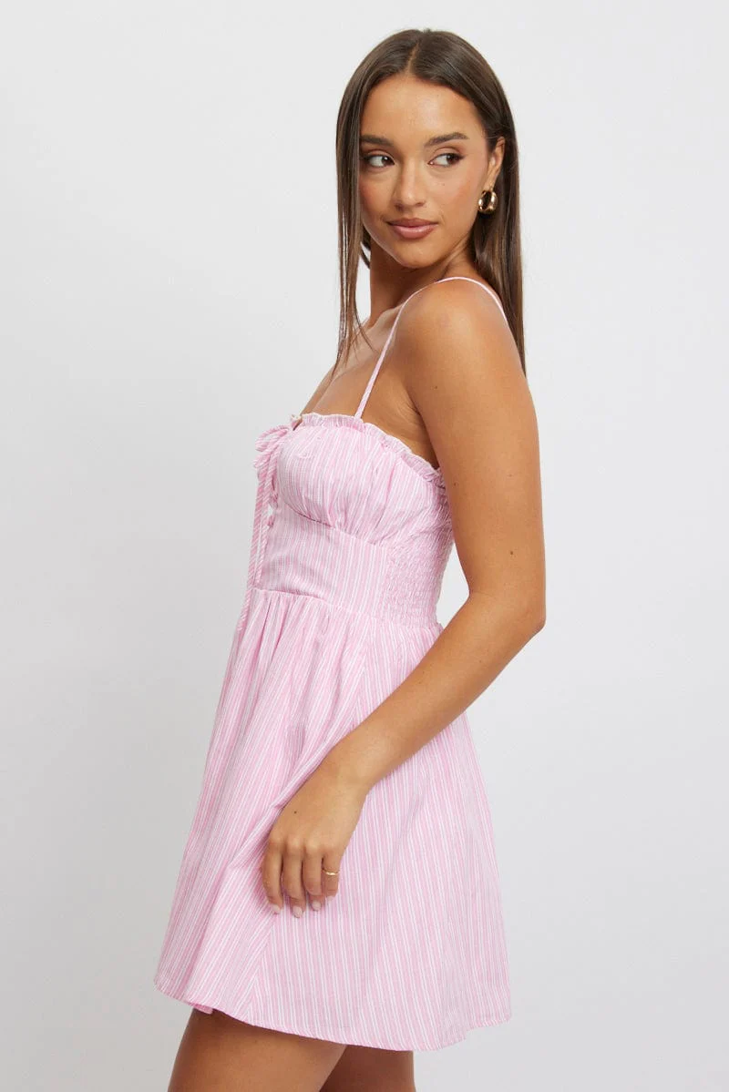 Pink Stripe Fit And Flare Dress Mini - Image 3