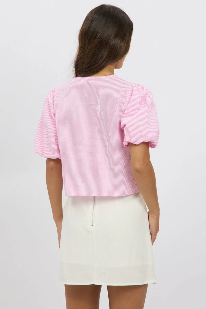 Pink Stripe Front Tie Top Puff Short Sleeve - Image 5