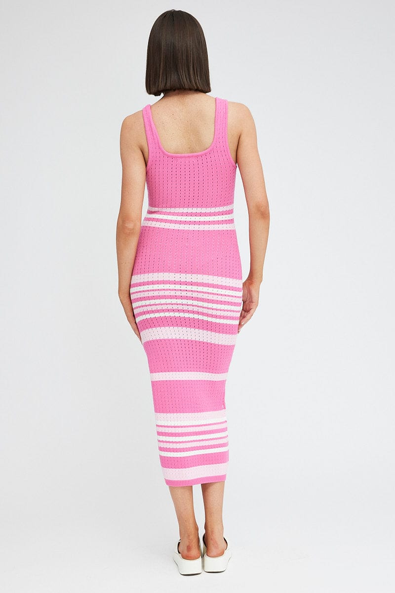 Pink Stripe Knit Dress Sleeveless Midi - Image 5
