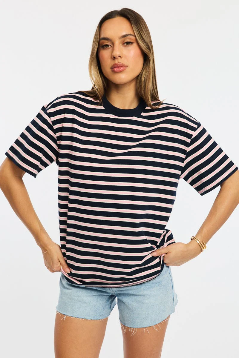 Pink Stripe Oversized Tee Short Sleeve