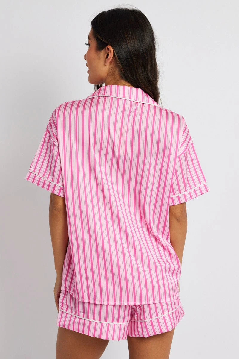 Pink Stripe Pyjama Set Multi Stripe Satin Piping PJ - Image 5