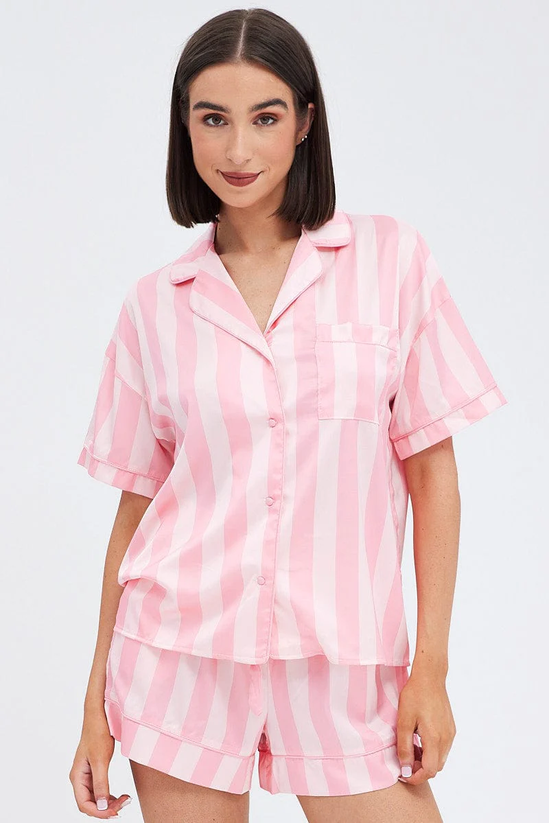 Pink Stripe Satin Pj Pink Stripe Piping Pyjama Set - Image 3