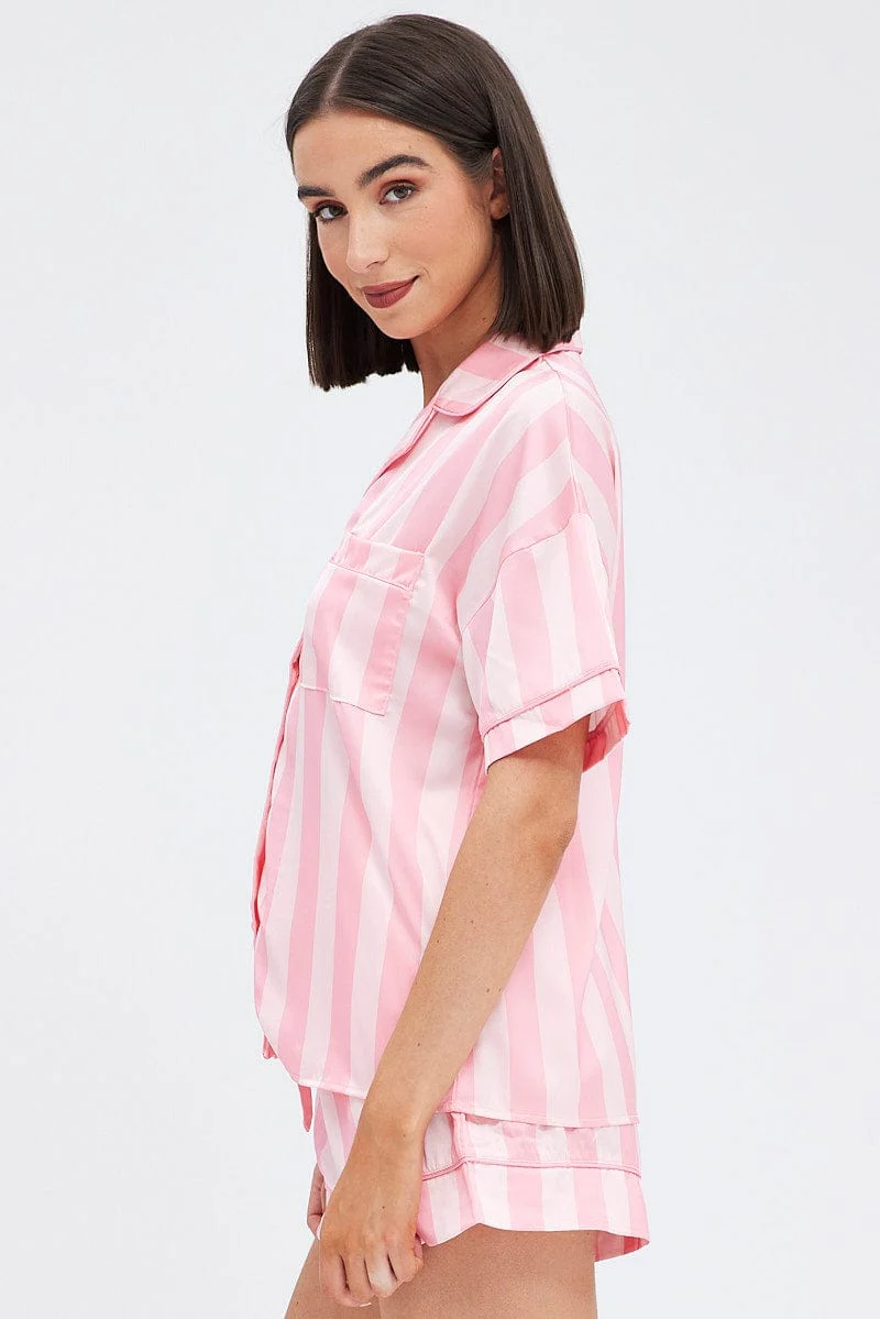 Pink Stripe Satin Pj Pink Stripe Piping Pyjama Set - Image 4