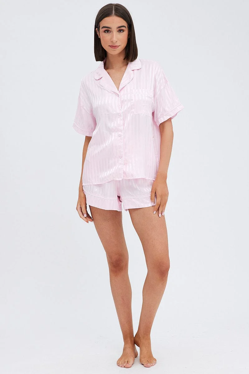 Pink Stripe Satin Stripe Pj Piping Button Through Pyjama Set - Image 2