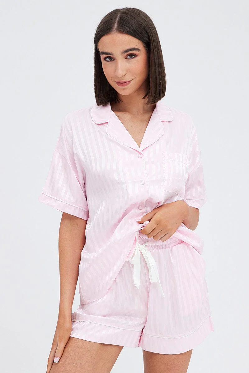 Pink Stripe Satin Stripe Pj Piping Button Through Pyjama Set - Image 3