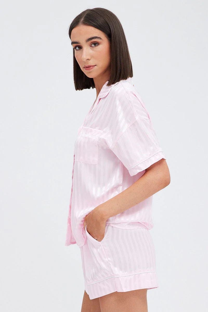 Pink Stripe Satin Stripe Pj Piping Button Through Pyjama Set - Image 4
