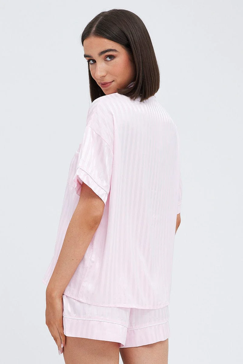 Pink Stripe Satin Stripe Pj Piping Button Through Pyjama Set - Image 5
