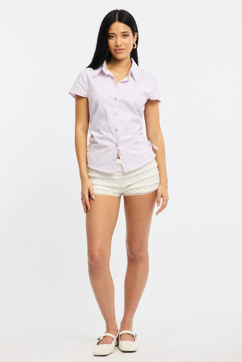 Pink Stripe Short Sleeve Shirt Collared Side Ruched Button Up - Image 2
