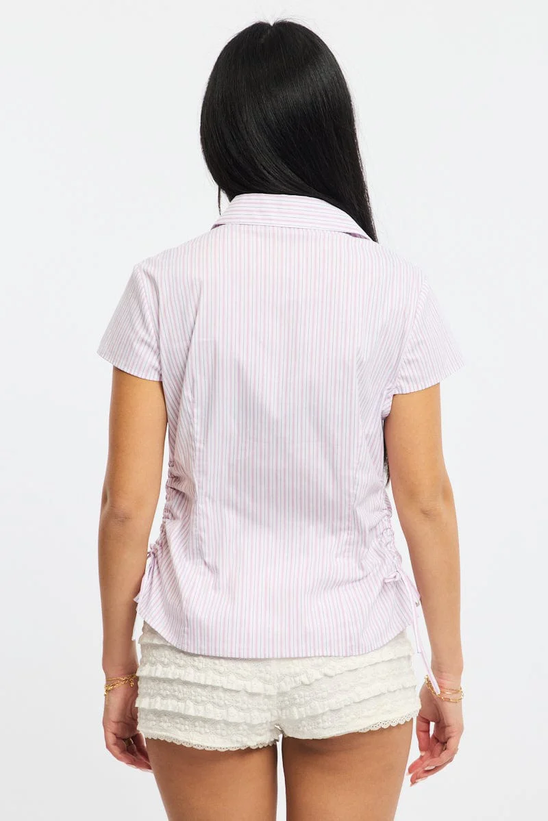 Pink Stripe Short Sleeve Shirt Collared Side Ruched Button Up - Image 4