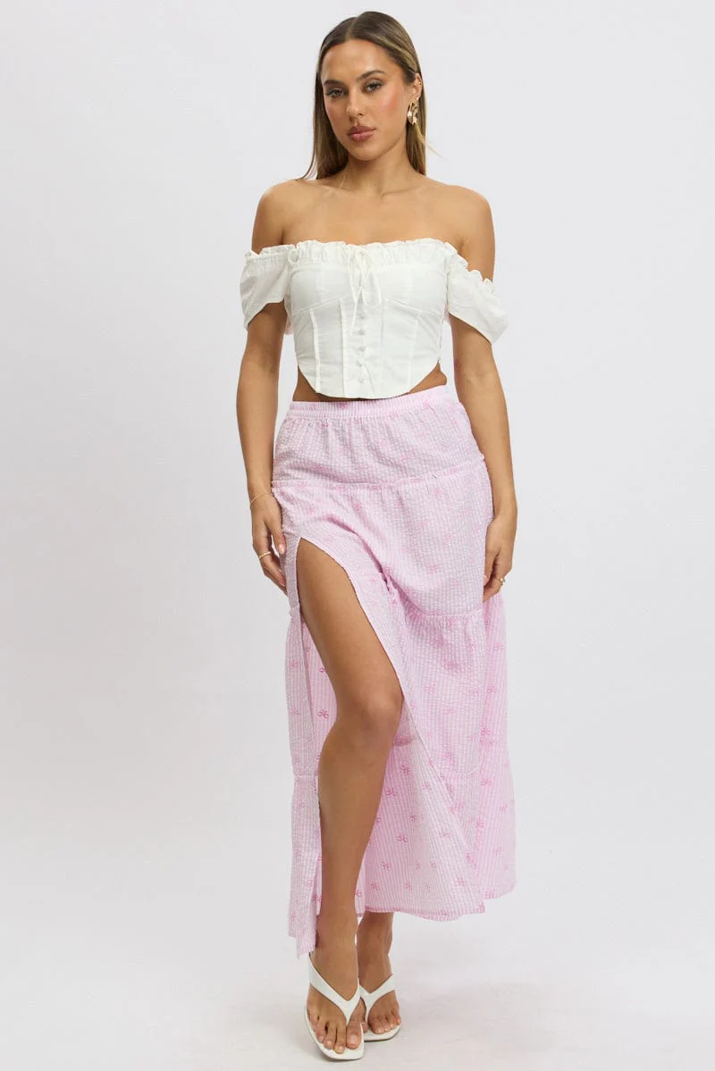 Pink Stripe Tiered Maxi Skirt Elastic Waist Slit Ruffle - Image 2