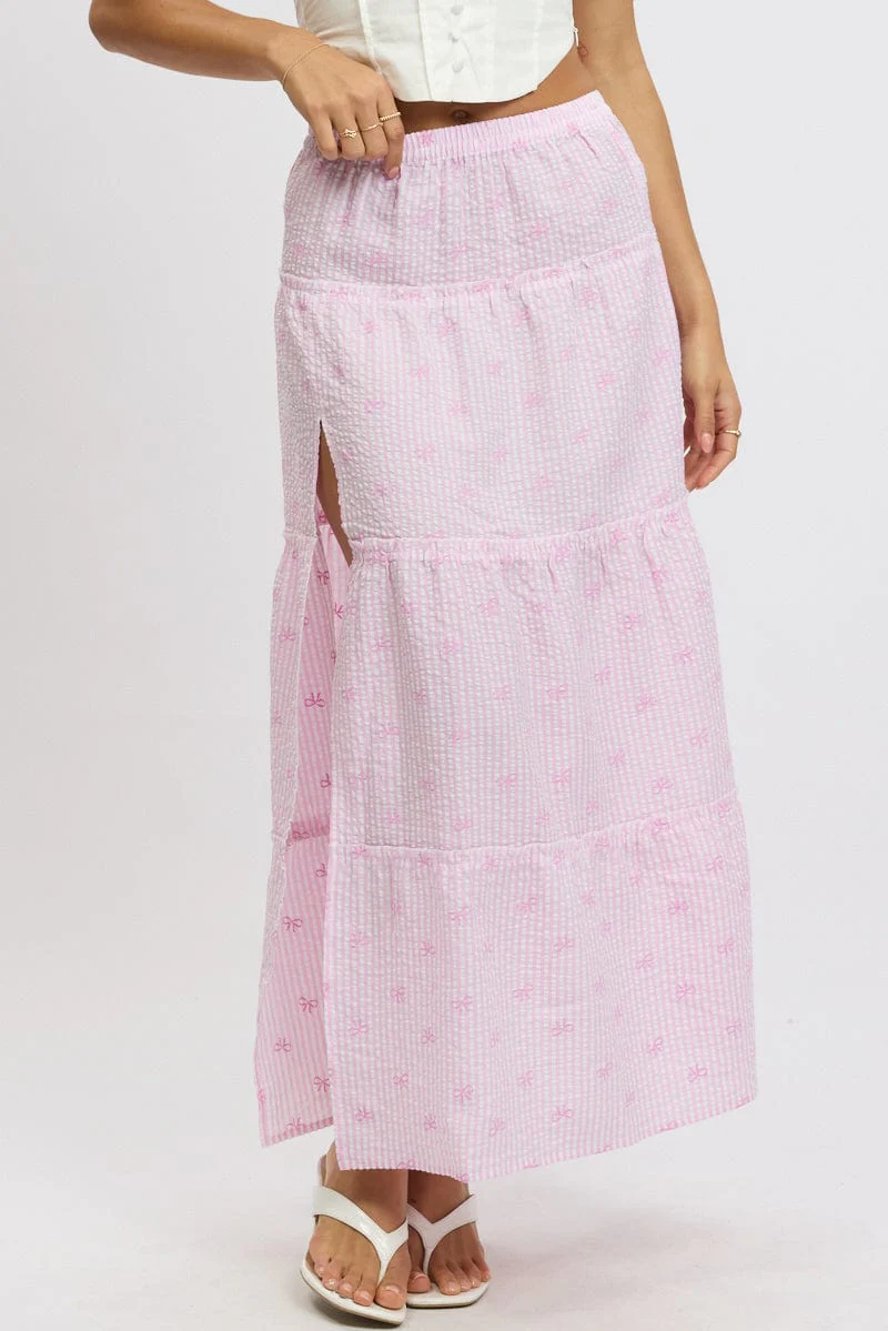 Pink Stripe Tiered Maxi Skirt Elastic Waist Slit Ruffle - Image 3