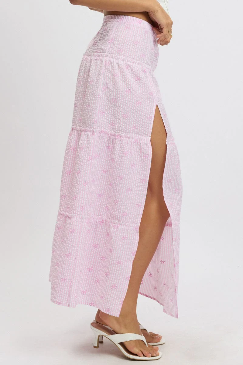 Pink Stripe Tiered Maxi Skirt Elastic Waist Slit Ruffle - Image 4