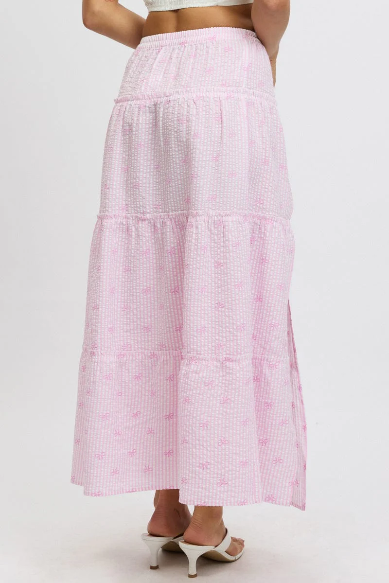 Pink Stripe Tiered Maxi Skirt Elastic Waist Slit Ruffle - Image 5