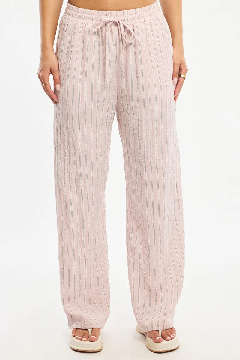Pink Stripe Wide Leg Pants Elasticated Waist - Image 2