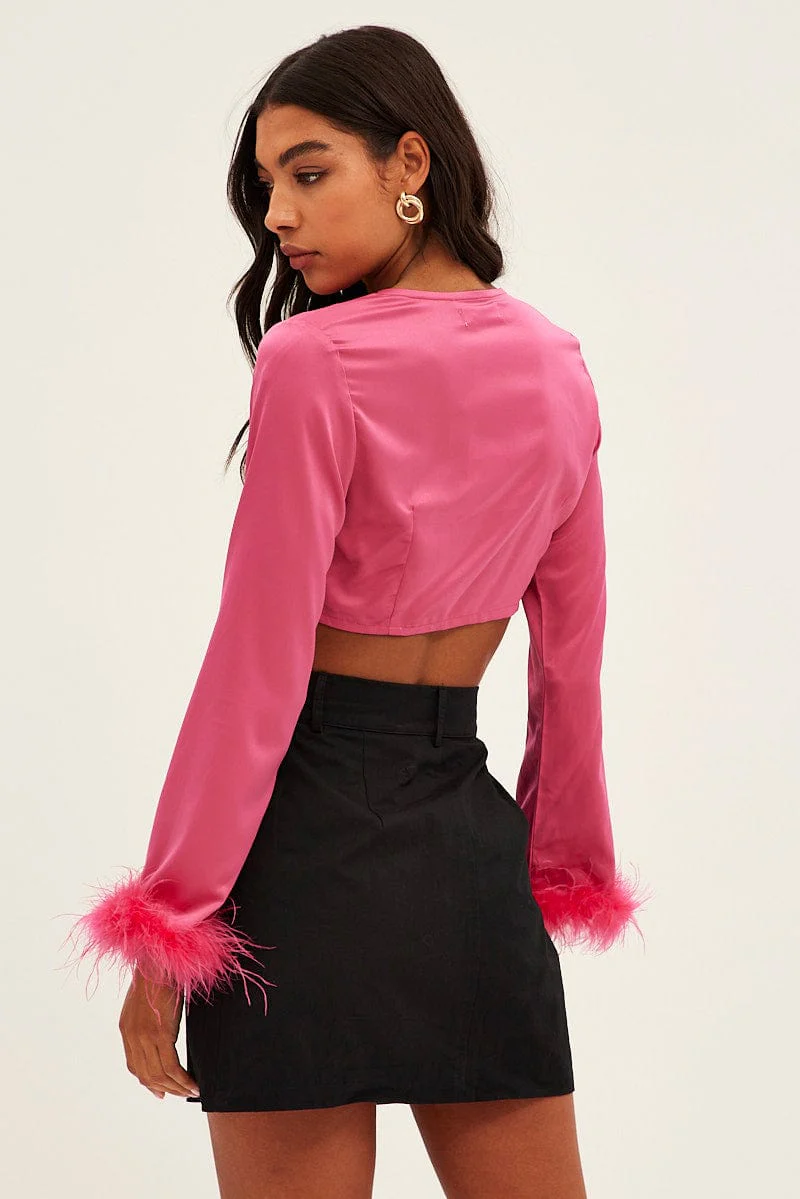 Pink Tie Front Feather Bolero V Neck Satin - Image 5