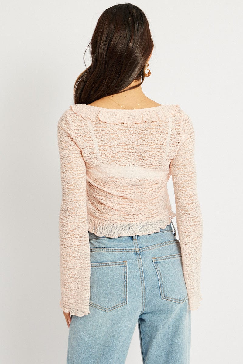 Pink Tie Front Frill Top Long Sleeve Lace - Image 5