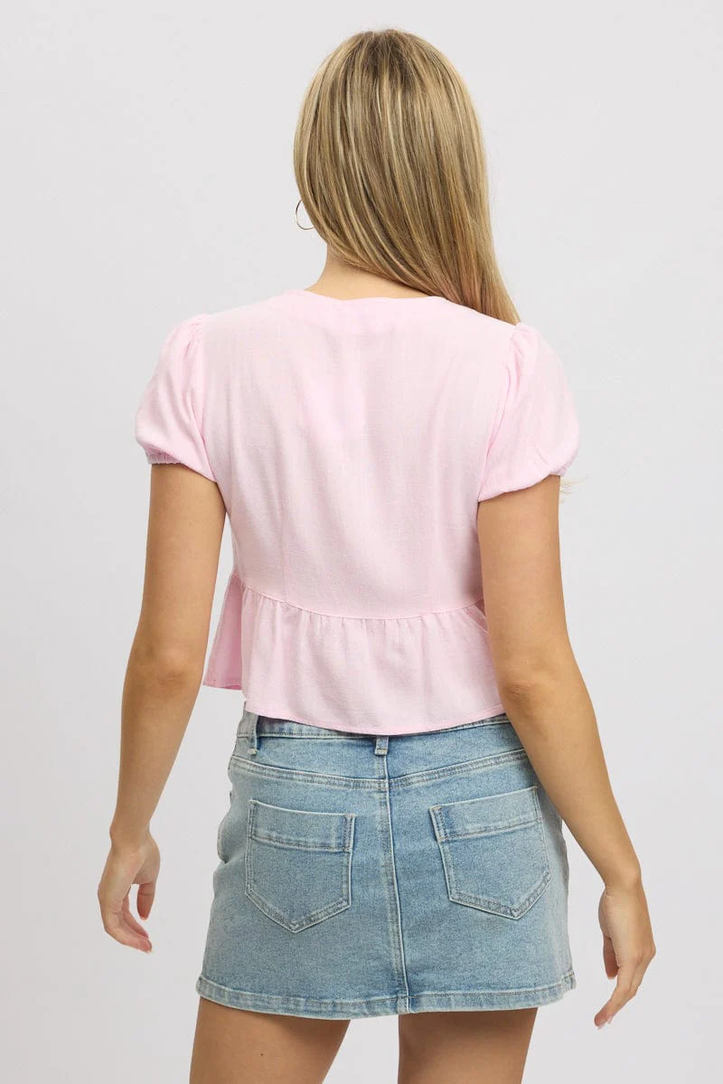 Pink Tie Front Top Puff Sleeve - Image 5