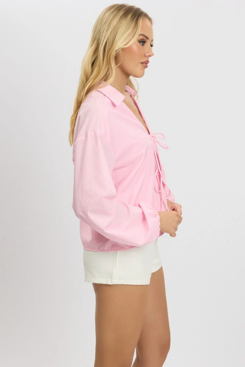 Pink Tie  Up Front Top Long Sleeve - Image 4