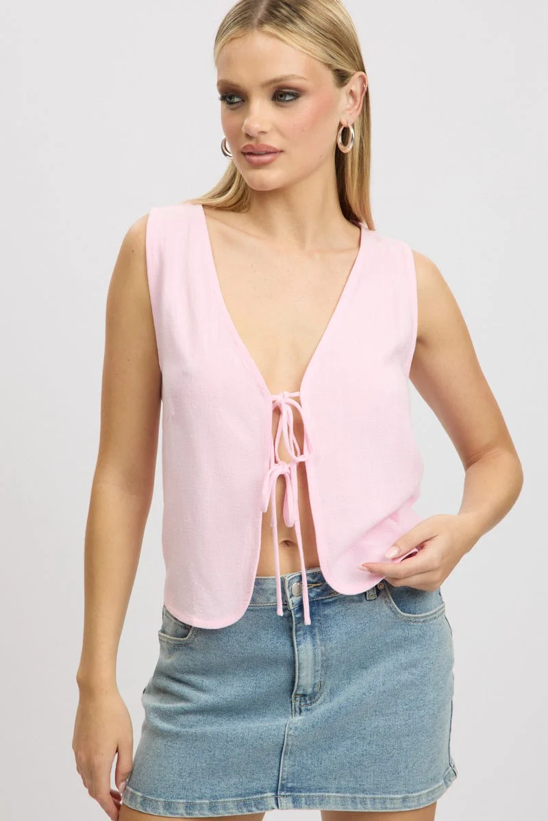 Pink Tie Up Top Linen - Image 3