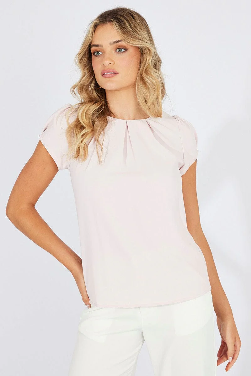 Pink Top Cap Sleeve Pleat Detail Workwear - Image 3