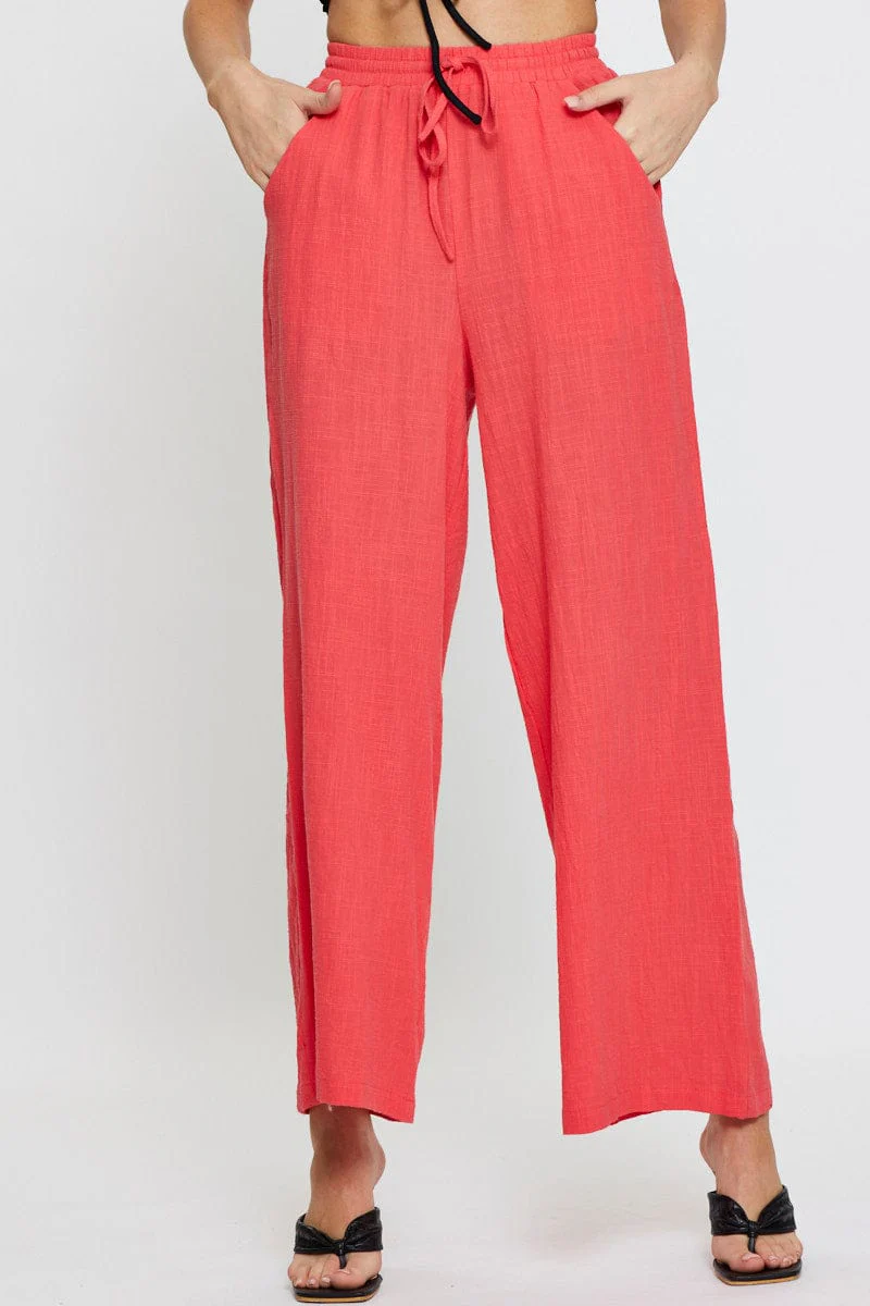 Pink Wide Leg Pants Elastic Waist - Image 2