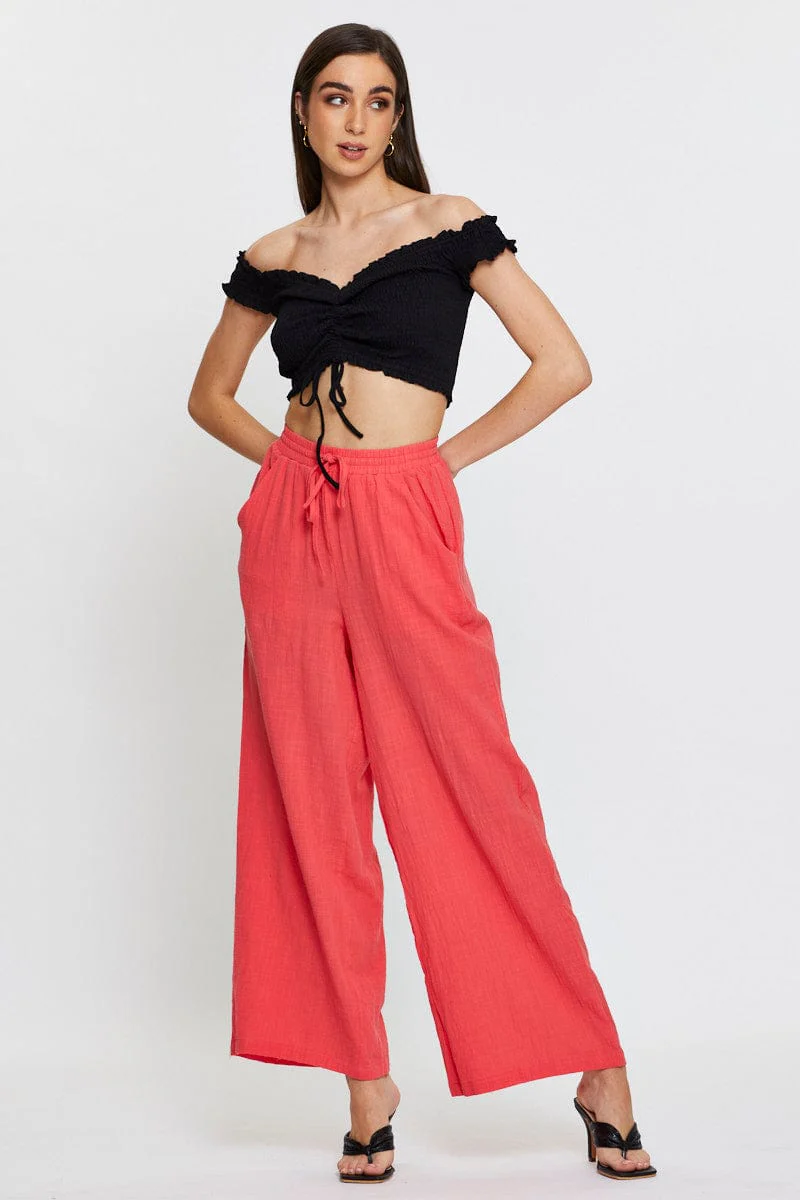 Pink Wide Leg Pants Elastic Waist - Image 3