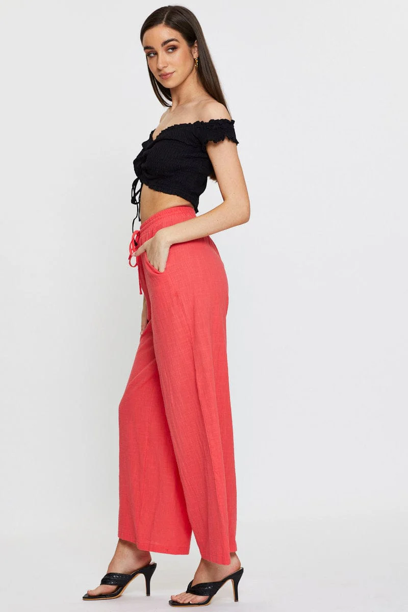 Pink Wide Leg Pants Elastic Waist - Image 4