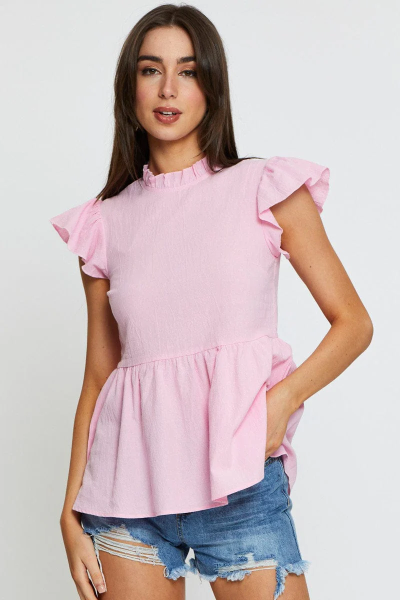 Pink Workwear Blouse Short Sleeve Linen - Image 3