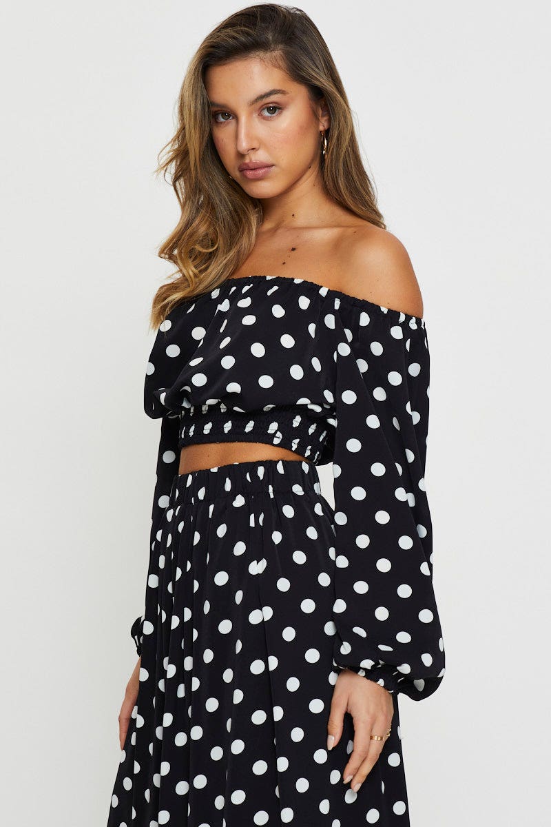 Polka Dot Crop Top Long Sleeve Off Shoulder - Image 3