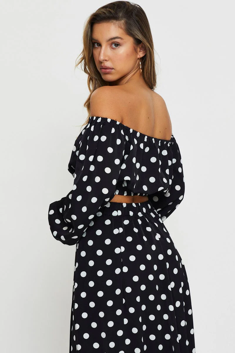 Polka Dot Crop Top Long Sleeve Off Shoulder - Image 4