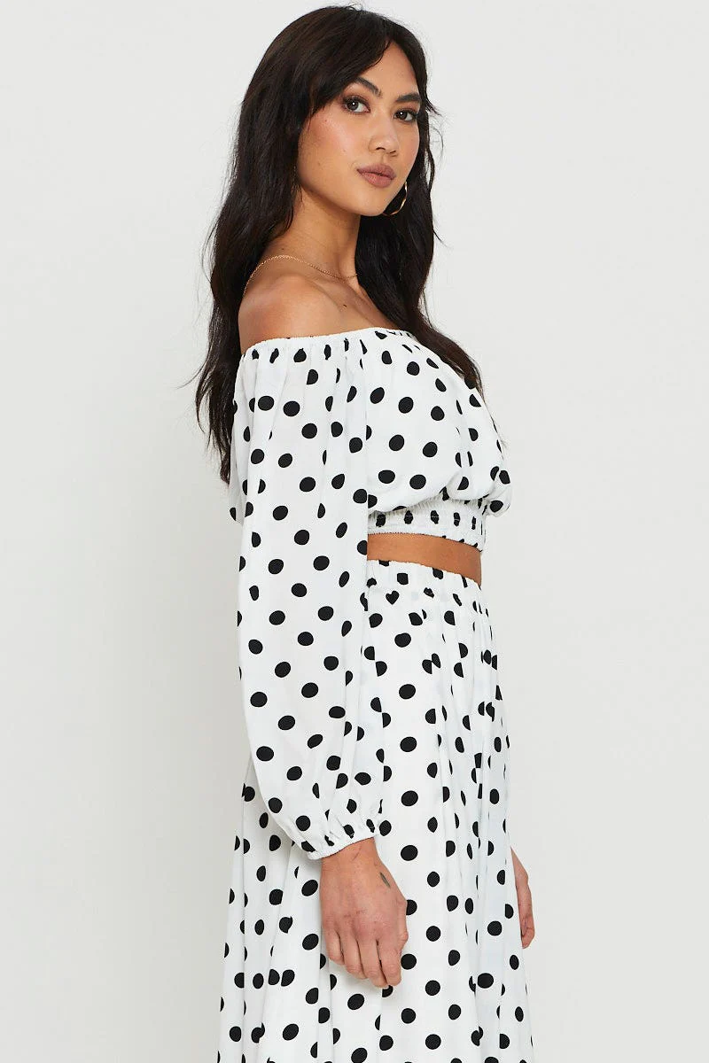 Polka Dot Crop Top Long Sleeve Off Shoulder - Image 3