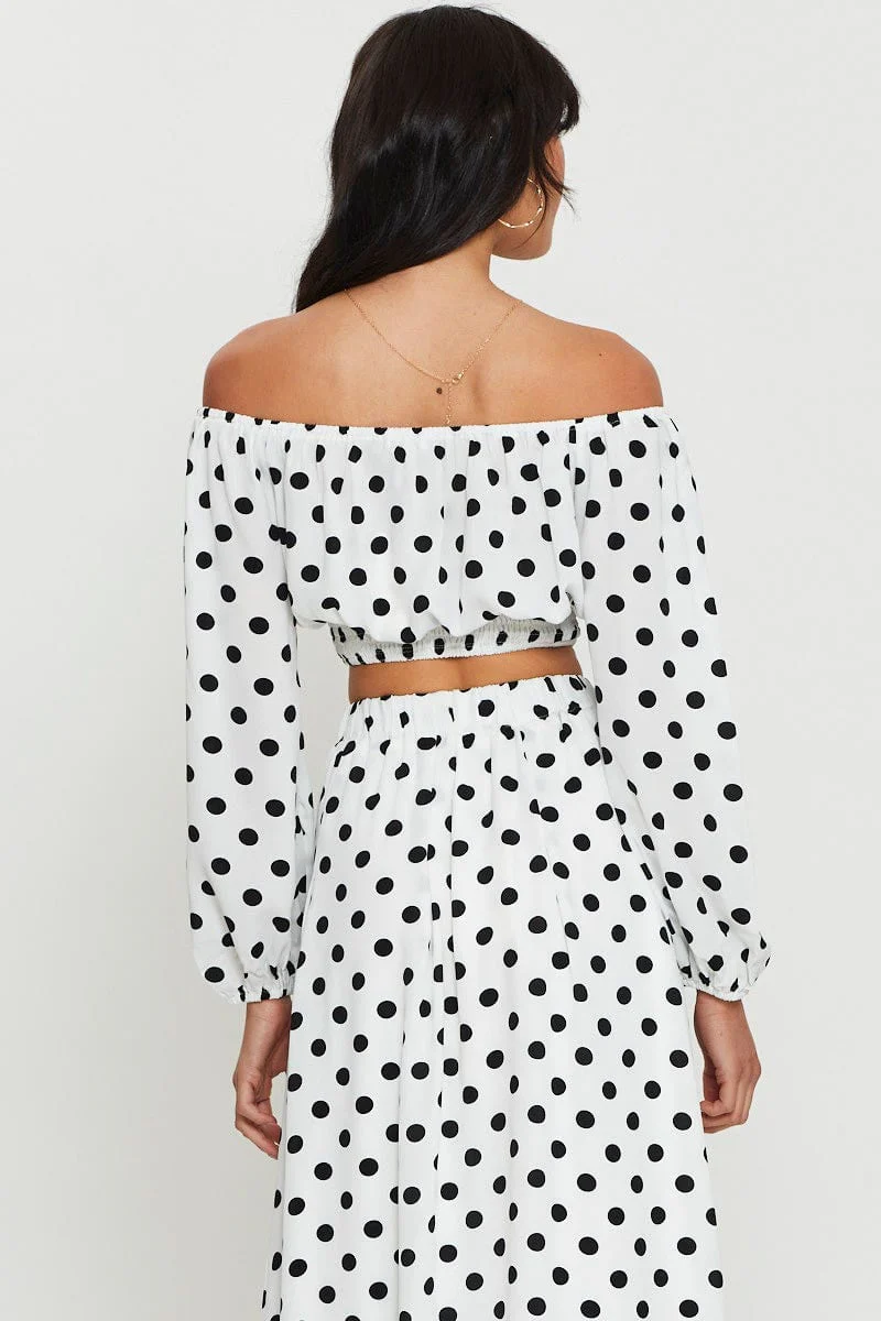 Polka Dot Crop Top Long Sleeve Off Shoulder - Image 4