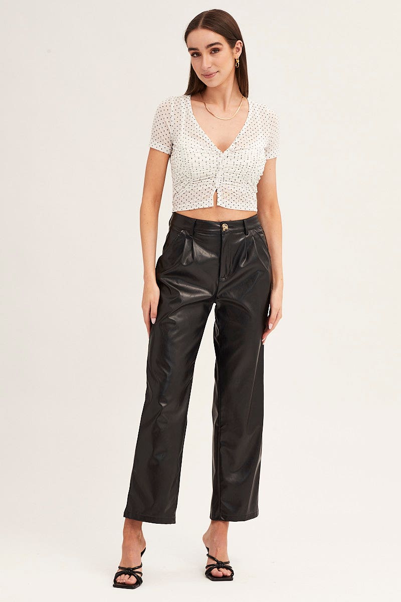 Polka Dot Mesh Short Sleeve V Neck Ruched Top - Image 2