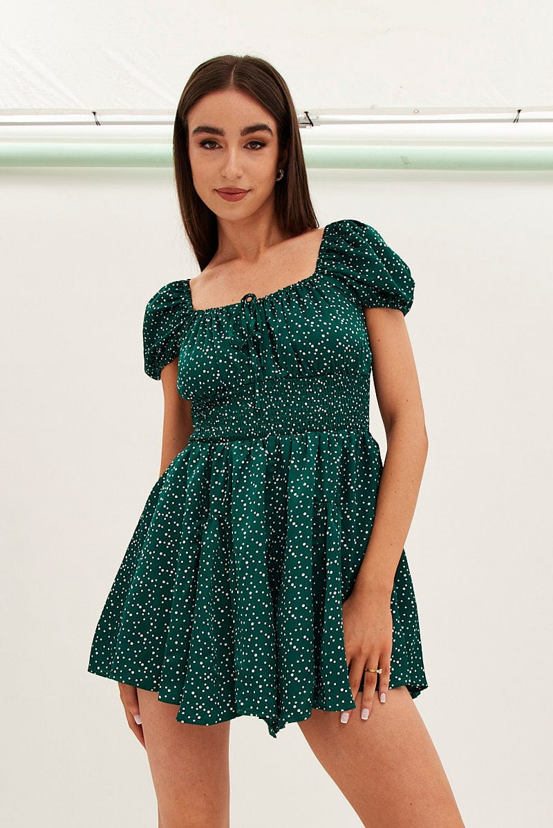 Polka Dot Shirred Playsuit Short Sleeve