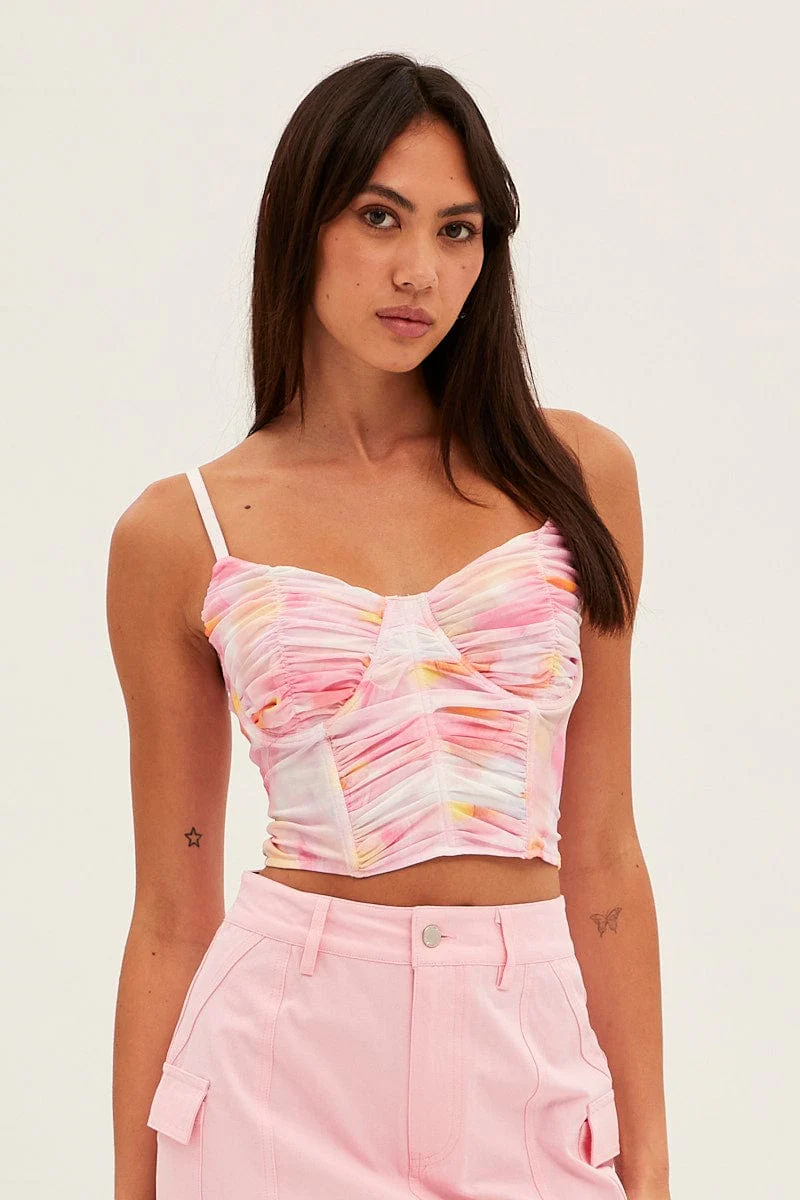 Print Abstract Print Crop Cami Sleeveless Sweetheart Corset Mesh - Image 2