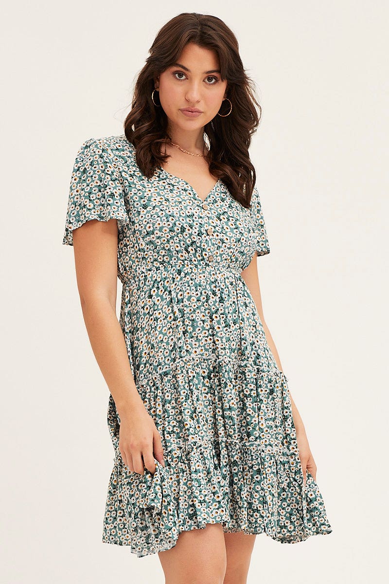 Print Button Front Skater Dress - Image 3