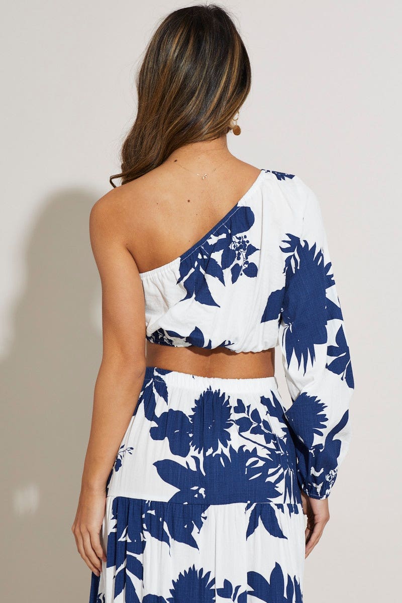 Print Crop Top One Shoulder Long Sleeve - Image 4
