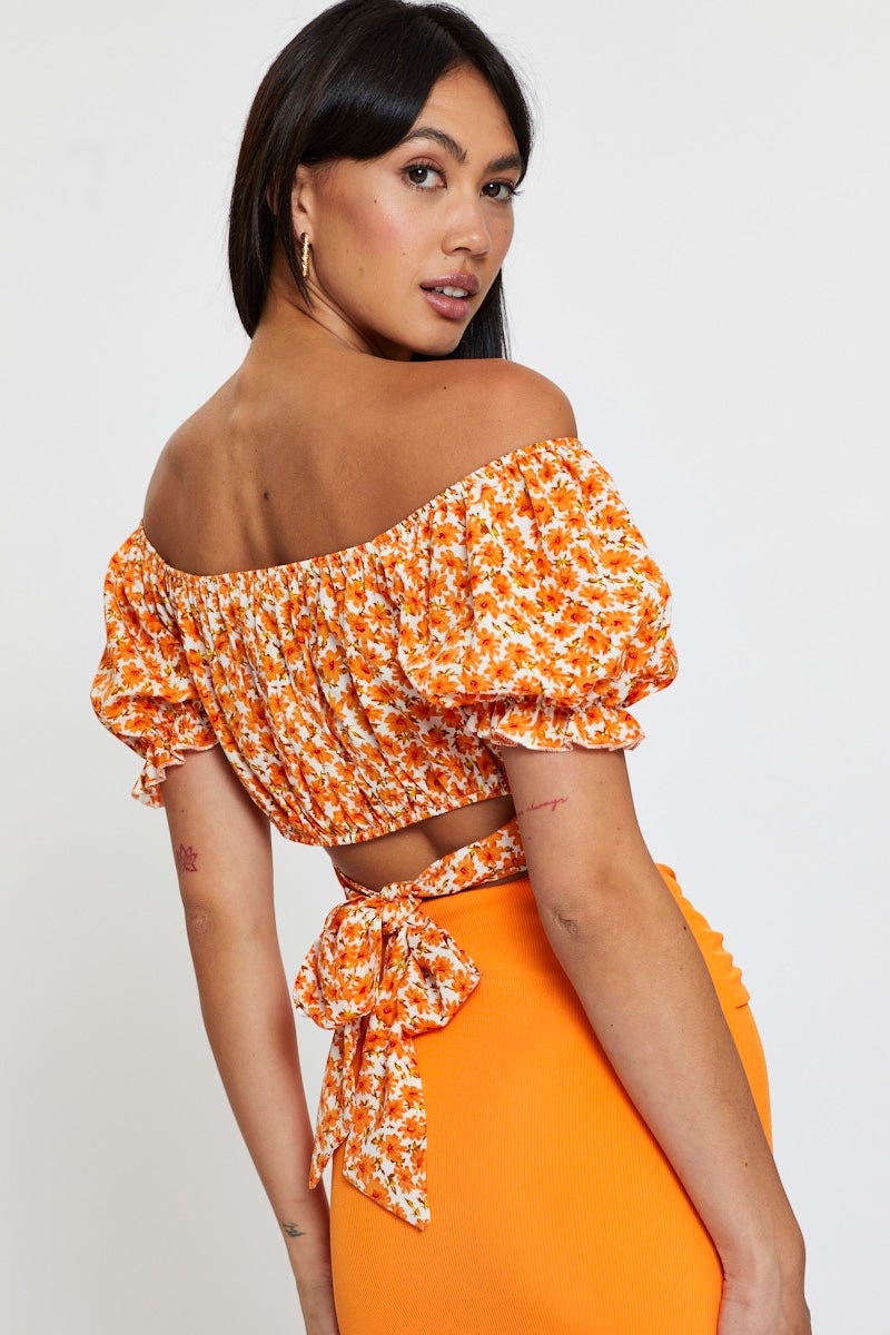 Print Crop Top Short Sleeve Off Shoulder - Image 2