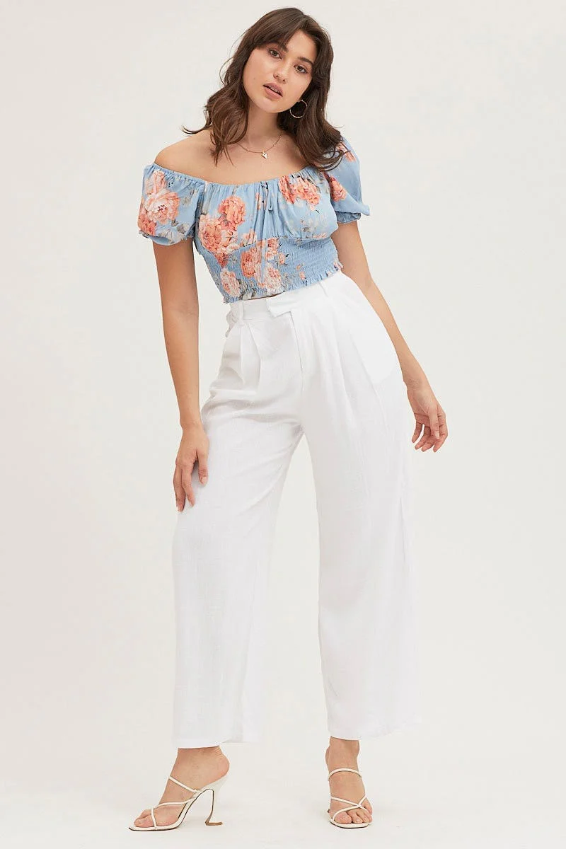 Print Crop Top Short Sleeve Shirred Waist - Image 2