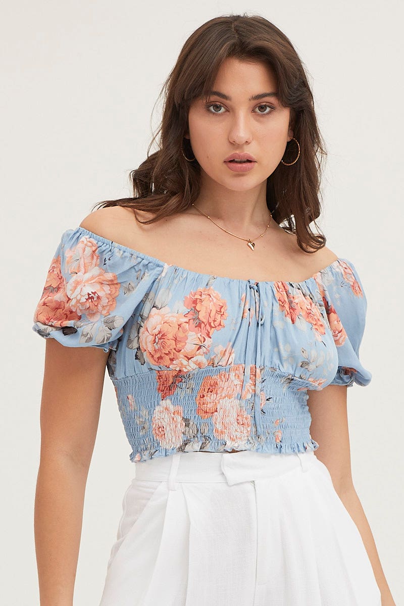 Print Crop Top Short Sleeve Shirred Waist - Image 3