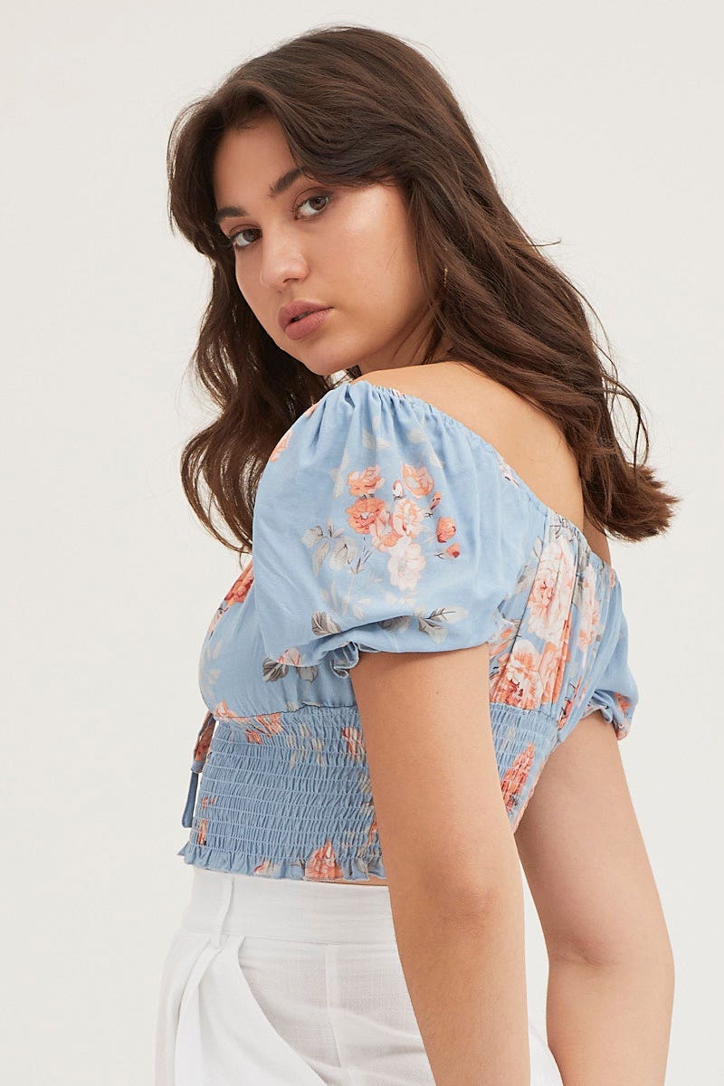 Print Crop Top Short Sleeve Shirred Waist - Image 4