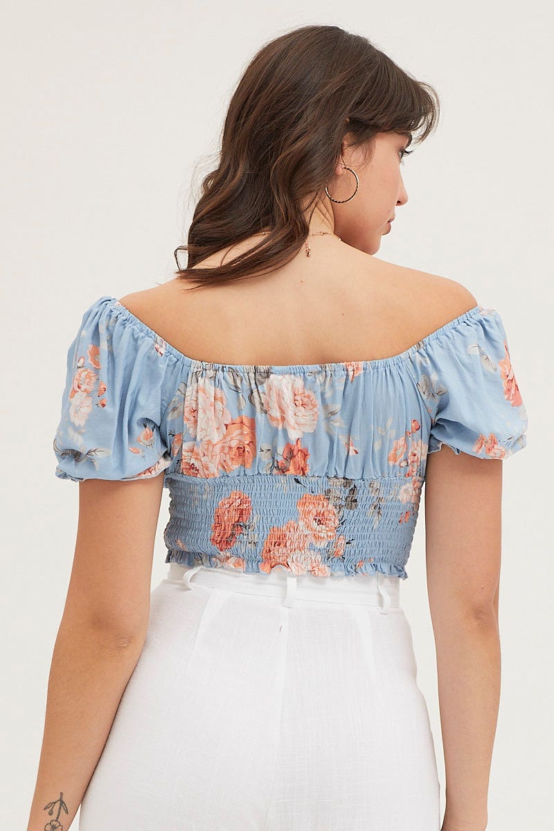 Print Crop Top Short Sleeve Shirred Waist - Image 5