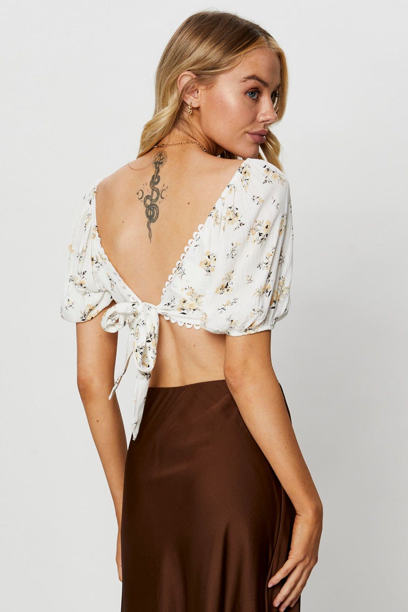 Print Crop Top Short Sleeve Tie Up - Image 3