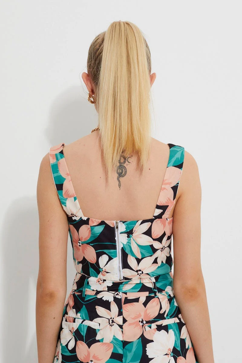 Print Designer Peach Floral Deep V Crop Top - Image 3